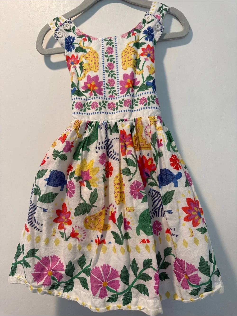 Mini Boden White Sundress with Multicolor Floral & Animal Print